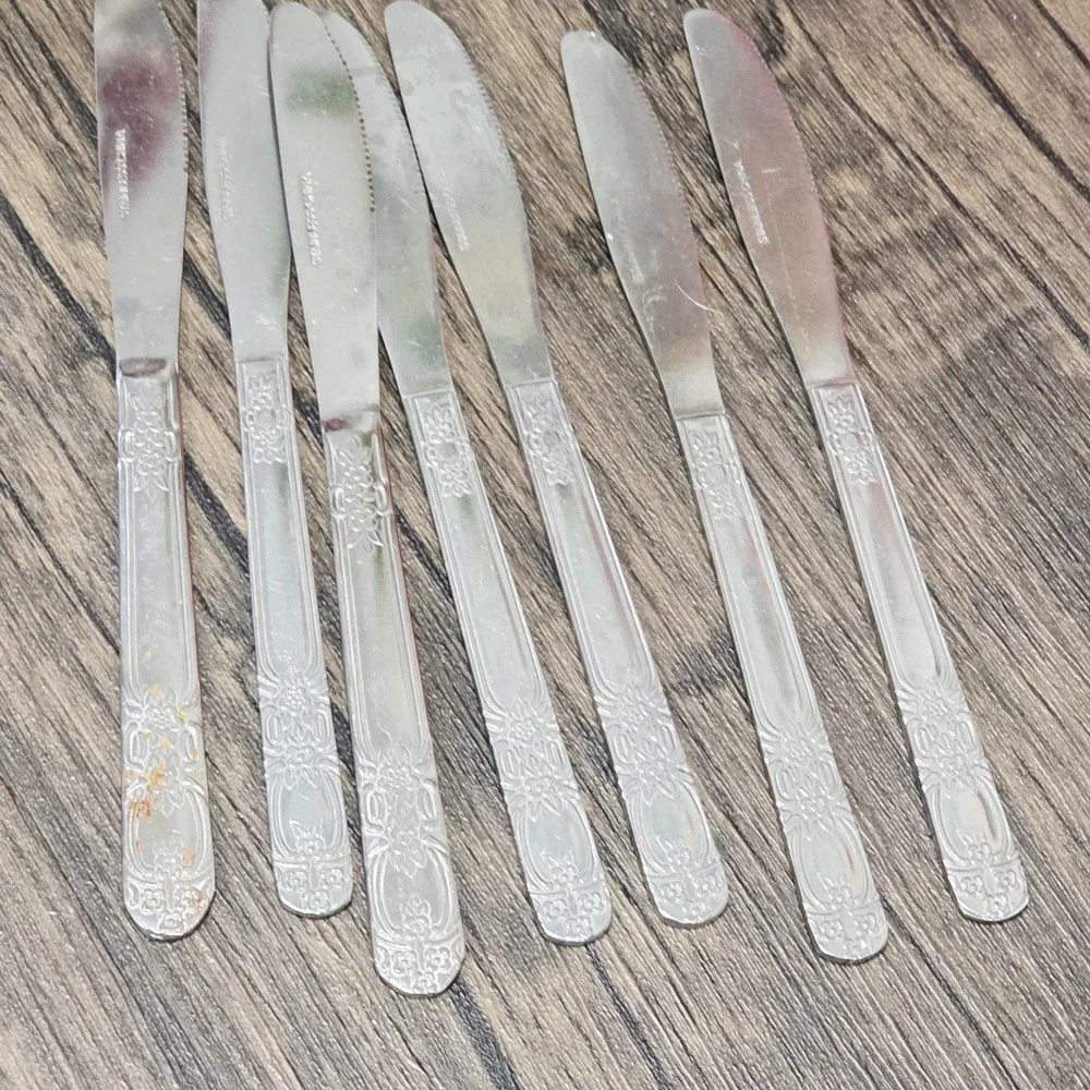 Set of 7 Stainless China Butter Knives Serrated Edge Floral Handle‎ Cutlery VTG